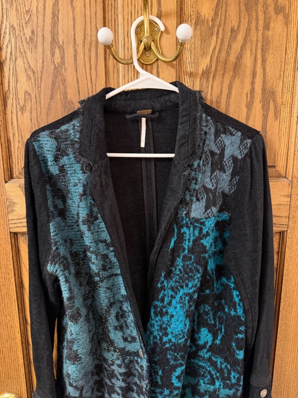Free People Better Together Teal & Black Patterned Knit Blazer Jacket Medium - Picture 3 of 9